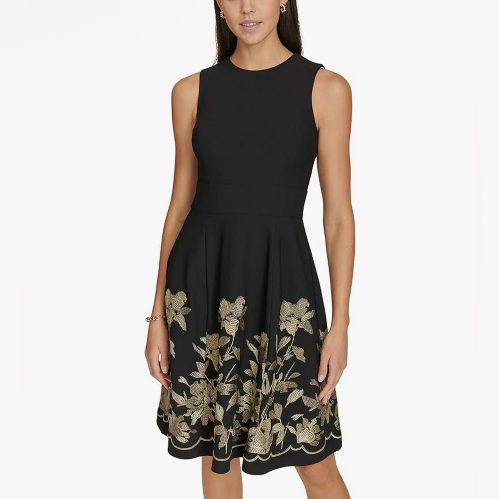 Calvin Klein Black W/Gold Embroidered Dress